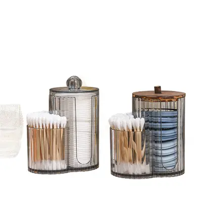 Bamboo Lid Dual-Compartment Cotton Swab and Makeup Pad Storage Box