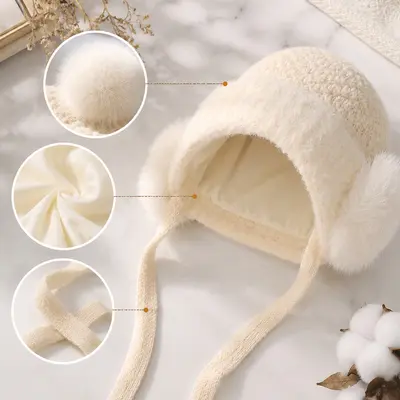 Thick Plush Knit Beanie for Women, Windproof with Ear Protection