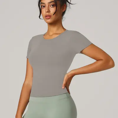 瑜伽服女新款短袖修身显瘦高级感运动上衣普拉提训练服跑步健身服 - 10