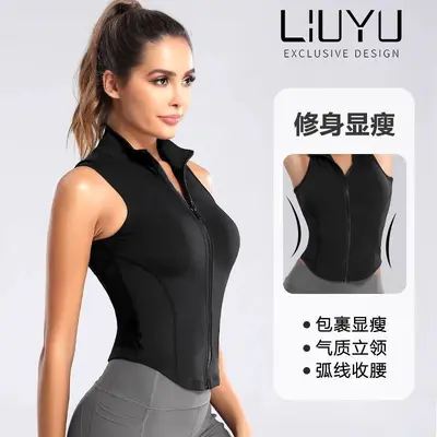 Fitness Girl Sleeveless Front Zipper Jacket Top Sports Vest Running Short Sleeve Yoga Wear Tight Sexy T-Shirt