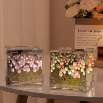 Handmade DIY Flower Cube Tulip Finished Product Night Light Creative Desktop Atmosphere Lamp Decoration Valentine's Day Gift