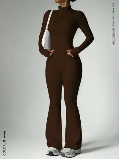 Zipper Long-Sleeve Jacket and Flare Pants Yoga Set, Nude-Feel Fitness Wear - 11