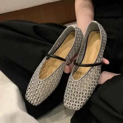 Retro Woven Roman Square Toe Women's Flat Shoes, Single Strap, Cut-Out Design - 7