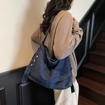 Women's Denim Tote Bag, Large Capacity, Single-Shoulder, Commuter Bag - 5