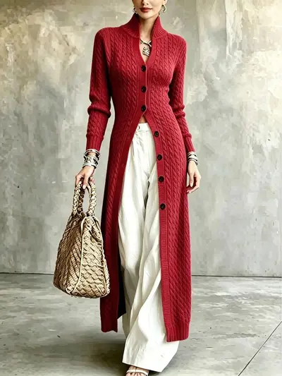 Damen-Strickjacke mit Knöpfen, lang, lässiger langer Mantel