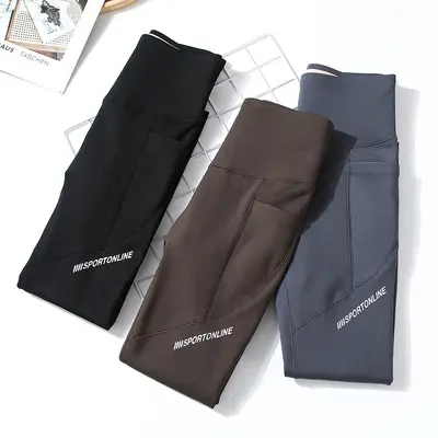 Neue Herbst-/Winter-Leggings für Damen mit Fleece-Futter, Taschen, Shark-Pants-Stil, hohe Taille, Po-Lifting, warme Hose, Plus Size, Sport- und Yoga-Hose für Damen