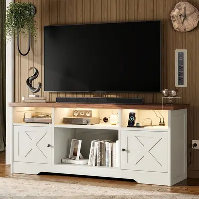 Flaches TV-Schrank mit Steckdosen LED-Lichtleiste Aufbewahrungsschrank Wohnzimmer Schlafzimmer Konsolentisch Offenes Aufbewahrungssystem