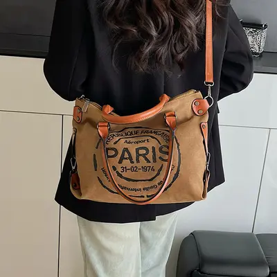 Kadın Kanvas Çanta, Harf Baskılı Tote, Tek Omuz ve Çapraz Askılı - 3