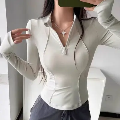 Kadın Yarım Fermuarlı Uzun Kollu Yoga Üstü, Bel Daraltan, Dar Kesim