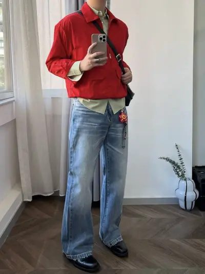 Светло-голубой джинсовый прямой крой свободный стиральный natural whiskers ice blue hand-stitched denim