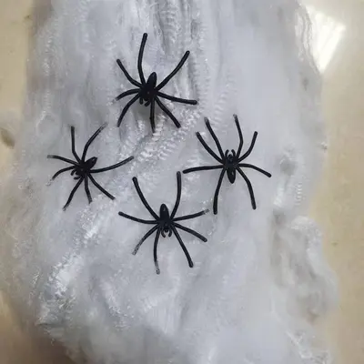 Halloween Spider Web Decoration with Cotton Spiders and Small Plastic Spiders - 8