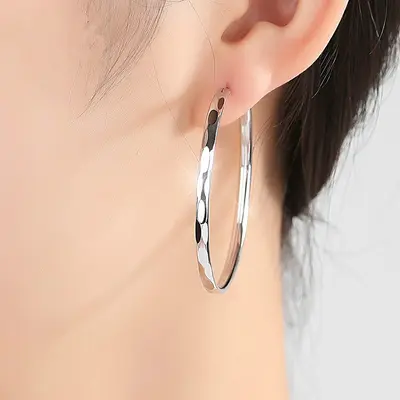 Silver large hoop earrings, round design - 8