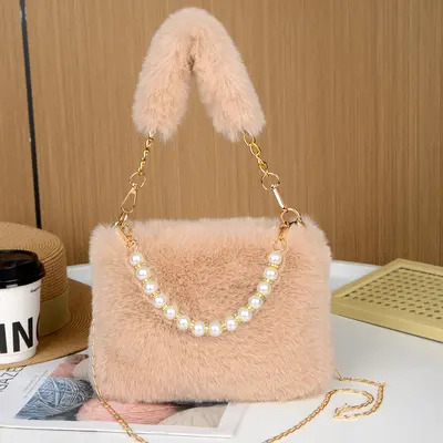 Rabbit Fur Plush Pearl Handbag with Chain Strap - 4