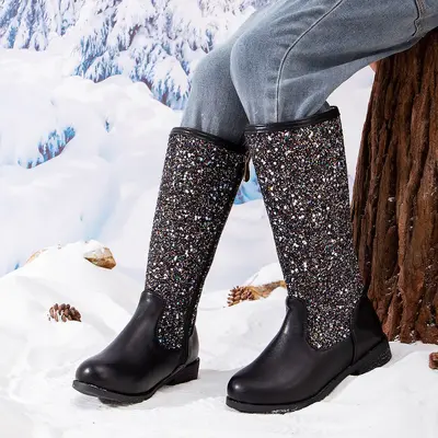 Neue Mädchen-Prinzessinnenstiefel mit Pailletten 2026, lange Stiefel für kleine Mädchen mit Fleecefütterung und warmem Futter, weiche Sohle, bequeme Overknee-Reitstiefel
