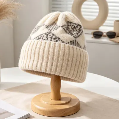 Korean-Style Diamond Jacquard Winter Knit Hat with Ear Protection - 10