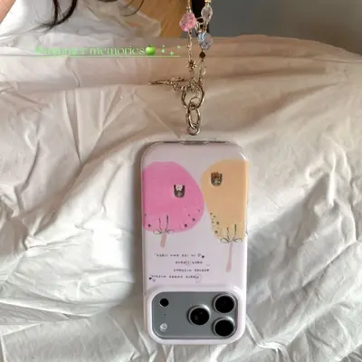 Pastel pink plaid chain phone case, star design, compatible iPhone 16-18 Pro Max