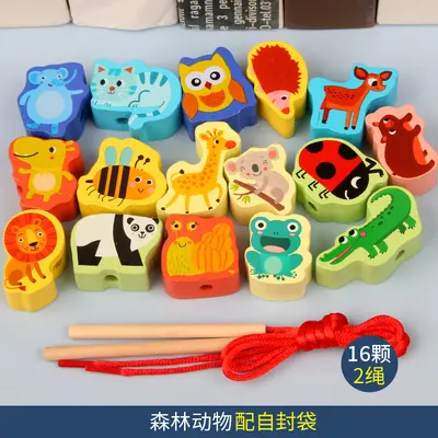 Children's Wooden Animal and Fruit Large Bead Stringing Set - 11