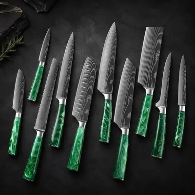Şam desenli Japon santoku mutfak bıçak seti 3 parça - 2