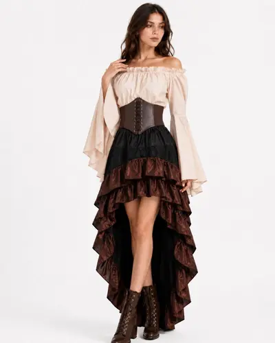 Halloween Medieval Pirate Costume, Ruffled Skirt Three-Piece Set - 8