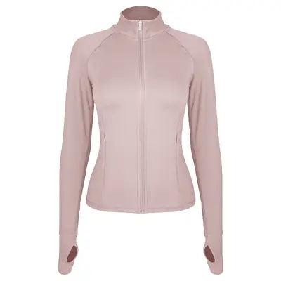 Kadın yoga ceketi, dik yaka, slim fit fermuarlı, parmak kancalı