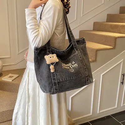 Japanese Style Casual Large Capacity Women's Bag Trendy Letter Embroidery College Student Denim Bag Large Capacity Commute Tote Bag