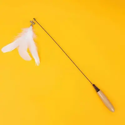 Wooden Handle Cat Teaser Wand with Feather and Bell, Replaceable Heads - 10