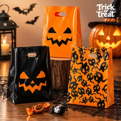 Halloween-Plastiktasche in Schwarz, Kürbis-Süßigkeitentasche