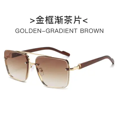 Square metal double-bridge sunglasses with wood-grain temples - 7