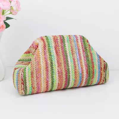 Imitation Straw Woven Cosmetic Bag, Rainbow Stripe, Large Capacity - 9