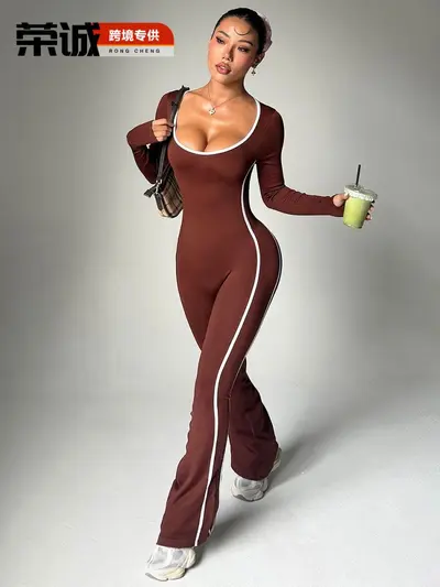 欧美跨境长袖瑜伽连体服女美背撞色运动喇叭裤速干健身长裤瑜伽服 - 2