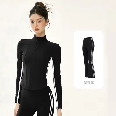 Yoga Set with Short Jacket, Strap Top and Flared Pants - 8