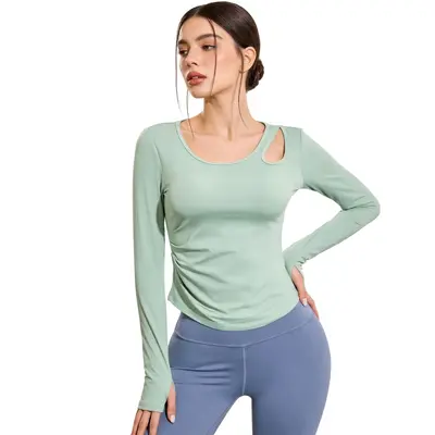 Women's Long-Sleeve Yoga Top, Off-Shoulder with Ruching, Slim Fit - 6