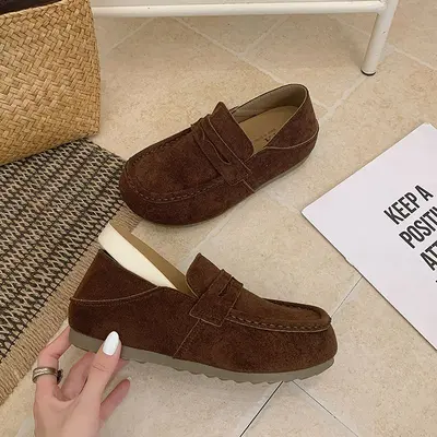 Women's Retro Loafers with Inner Heel Lift, Soft Sole, Flat Bean Shoes - 9
