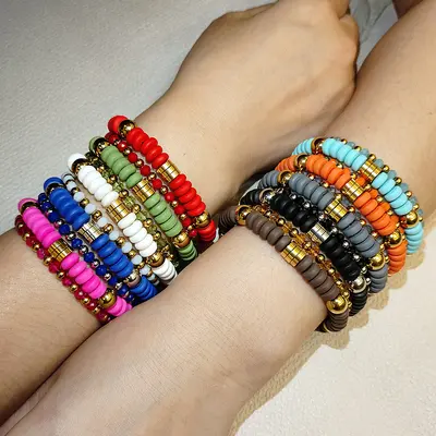 Polymer Clay Stretch Bracelet Set with Stainless Steel Spacers, Colorfast