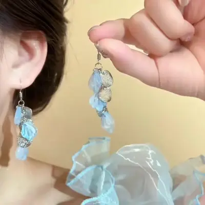 French-Style Blue Petal Tassel Earrings with Gradient Ear Hooks
