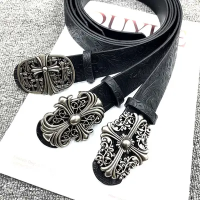 Amerikan Vintage Haçlı Metal Toka Kemer Erkek Kadın Kloe Yeni Tasarım Y2K Siyah Kabartmalı Deri Kemer