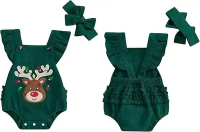 Baby Christmas Romper, Embroidered Deer Pattern, Flying Sleeve Triangle Suit - 8