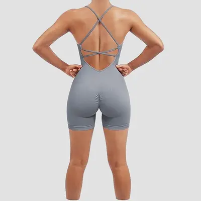 Askılı Yoga Tulumu Şortlu, Seksi Tek Parça Spor Tulumu - 10