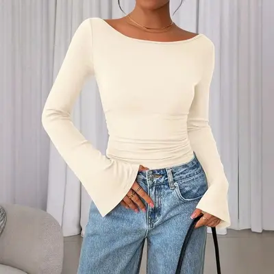Grenzüberschreitende Amazon-Pullover-Strickoberteile für Damen, Herbst, mit Glöckchen, langärmlig, schlank geschnitten, plissiert, Girlie-Stil, zum Überziehen als Oberbekleidung