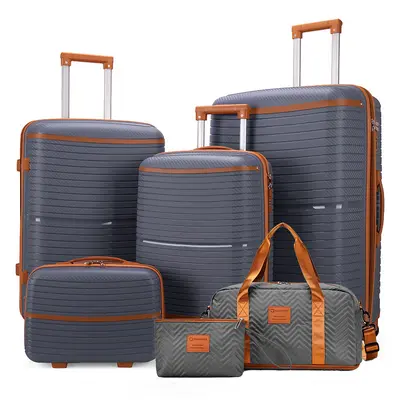 Six-piece PP luggage set including burst-resistant zippered cabin-size suitcase, universal wheels, travel bag, and storage box set for baggage.