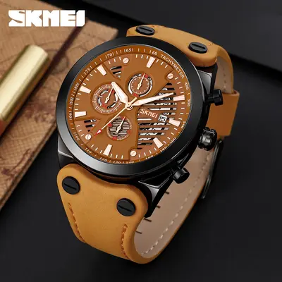 Retro style men's quartz watch leather strap with calendar - 2