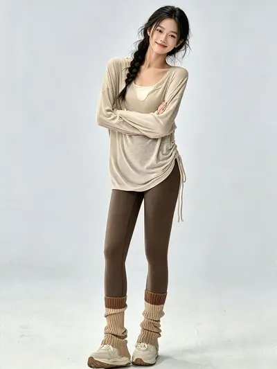 宽松瑜伽服罩衫女V领慵懒风侧边抽绳跑步运动长袖健身服套装上衣 - 6