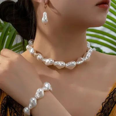 Irregular Pearl Necklace, Bracelet and Earring Jewelry Set for Women - 4