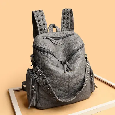 Rivet Washed Leather Backpack Large Capacity Multi-Pocket - 2