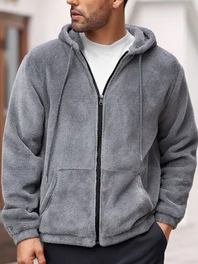 Solid color hooded zip coral fleece jacket for autumn and winter