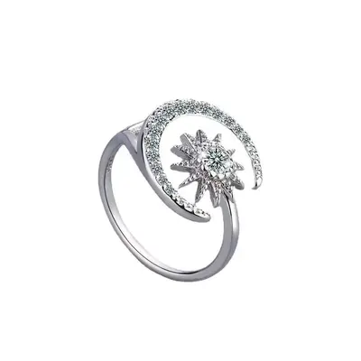 Star and Moon Women's Ring, Open-Ended, Silver Tone - 5
