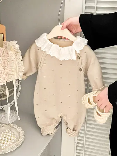 Kız Bebek Örgü Tulum Sonbahar Kış Nakışlı Uzun Kollu