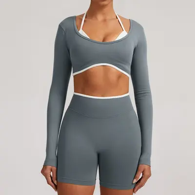 Dikişsiz sahte iki parça kadın spor üstü, uzun kollu, koşu ve fitness - 10