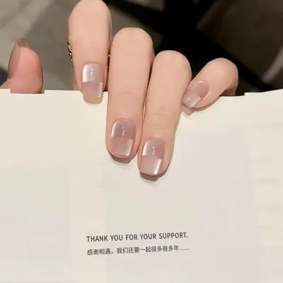Minimalist Glass Bead Space Cat Eye Handmade Wearable Press-On Nails, Premium Nude, Short - 2