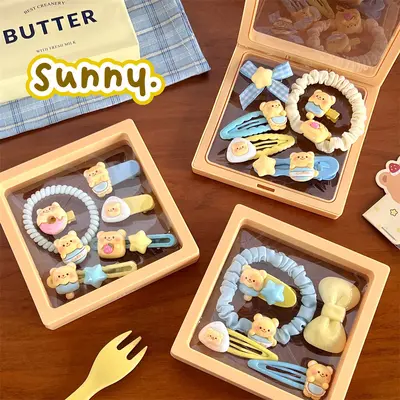 Cute pudding bear series hair accessories combination for girls, sweet broken hair bangs clip, high elastic hair rope and wholesale hair tie